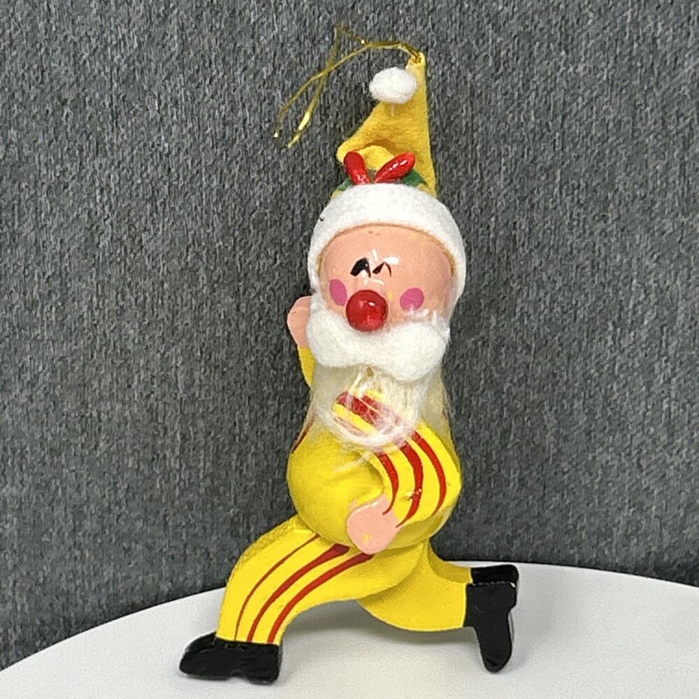 Vintage Russ Jogging Santa Ornament Hand Painted Wood Holiday Christmas Ornament